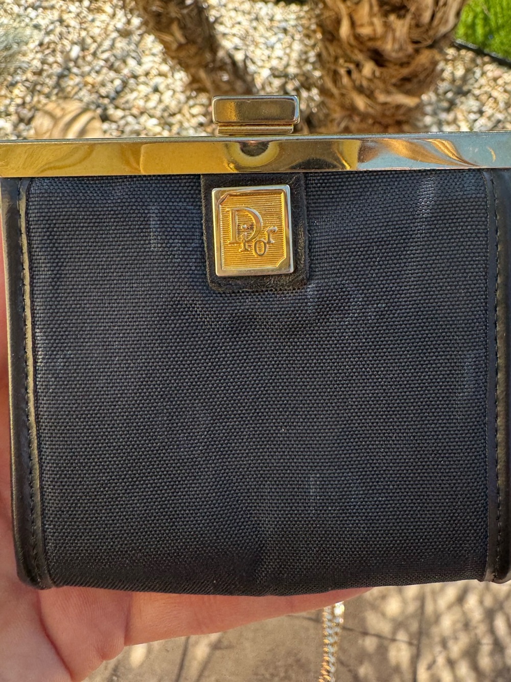 Vintage Christian Dior Black Canvas Kiss Lock Coin Purse Card Holder Gold Tone F